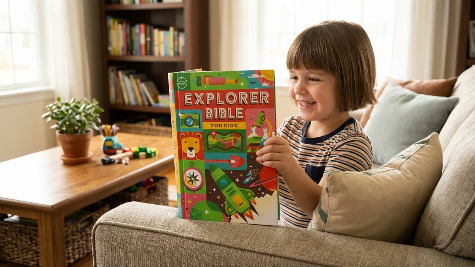 A smiling young girl reading the CSB Explorer Bible for Kids