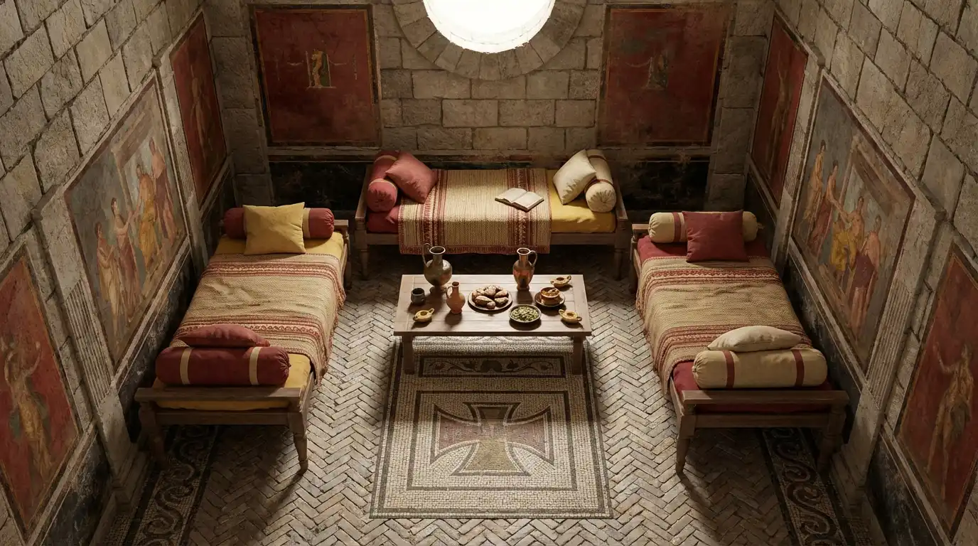 3D floor plan of a U‑shaped triclinium with cushions