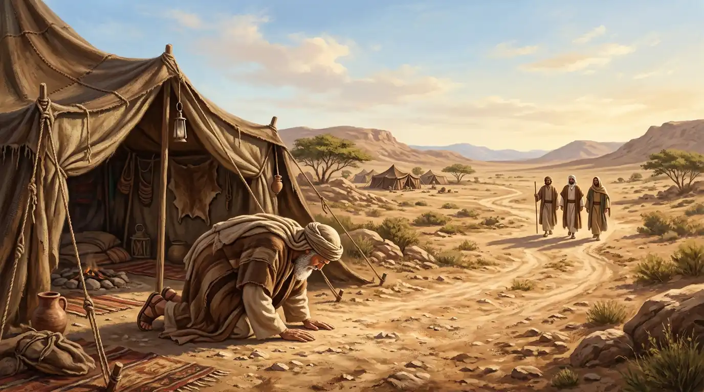 Illustration of Abraham bowing to welcome three travelers at the entrance of his tent in the ancient Near East
