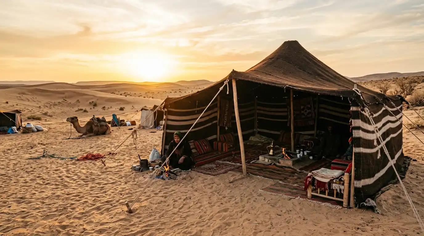 Traditional Bedouin tent with open entrance flap in desert landscape, representing ancient Near East hospitality