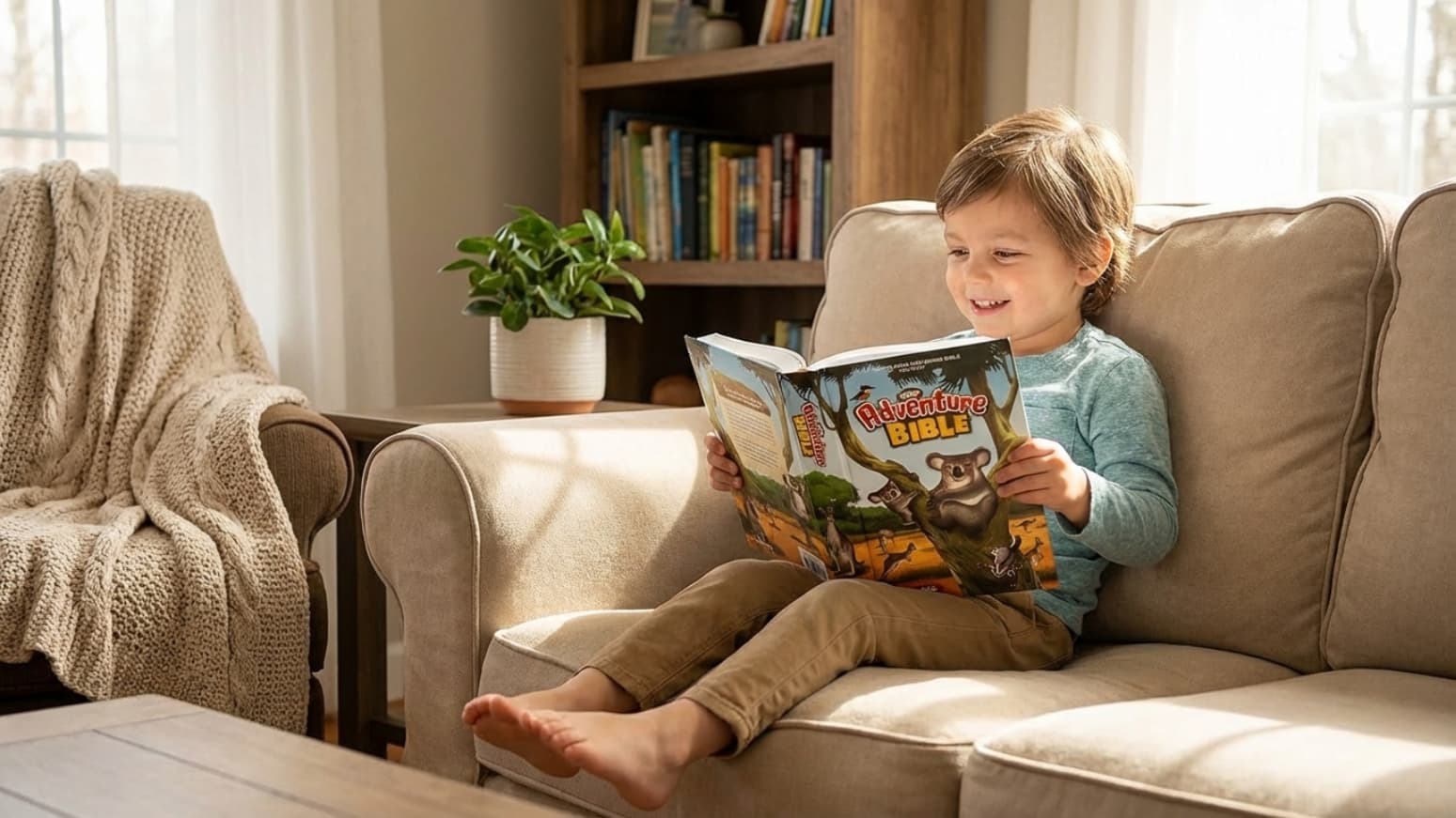 A smiling young boy reading the adventure bible for kids